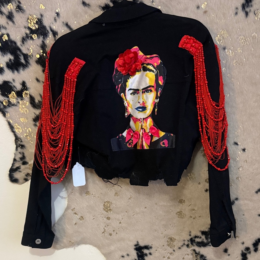 FRIDA Black Jacket with Red Beaded Fringe and Artistic Portrait